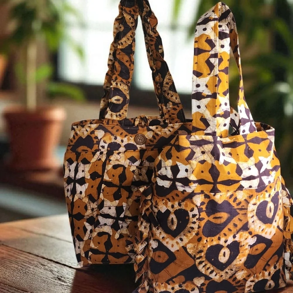 Yellow and Black Quilted Tote Bags with Geometric Patterns